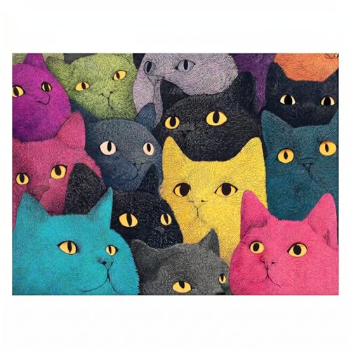 1000 Piece Puzzle for Adults, Colorful Whimsical Cat Faces Illustration - color: Rainbow Cats Squad