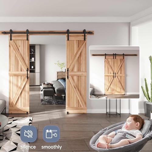 EaseLife 8 FT Double Sliding Barn Door Track and Handle Hardware Kit,Straight Pulley,Slide Smoothly Quietly,Easy Install (8FT Track Kit for 20"~24" Wide Double Door) - size: 8 FT-Double Door Kit