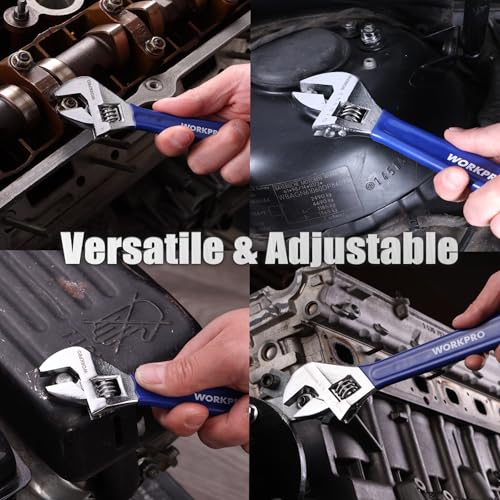 WORKPRO 4-Piece Wide Jaw Adjustable Wrench Set, 6"-12", Chrome Plated - color: Blue