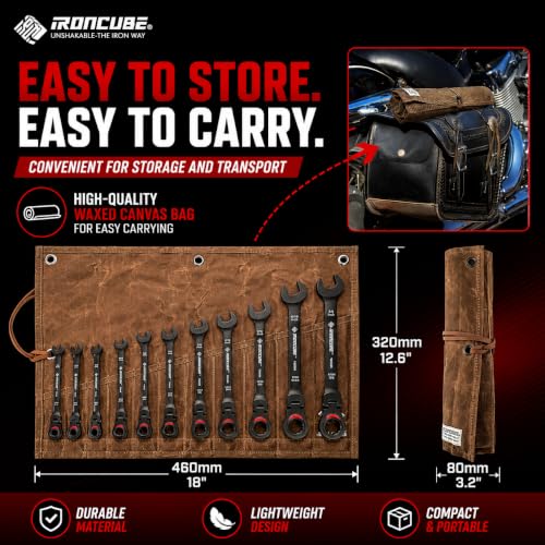 ironcube Black Ratcheting Combination Wrench Set: 11-Piece SAE 1/4–3/4 Inch – 180° Flex Head & 72-Tooth – CR-V Steel – Retro Waxed Canvas Roll for Motorcycle & Automotive Repair Tools - size: 11-Piece SAE Flex-Head