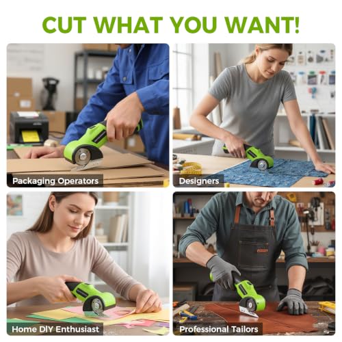 Electric Cardboard Cutter, 4V Cordless Electric Scissors with 2000mAh Battery & LED Light, Rotary Box Cutter Tool with Safety Lock & Replacement Blade for Cardboard & Fabric