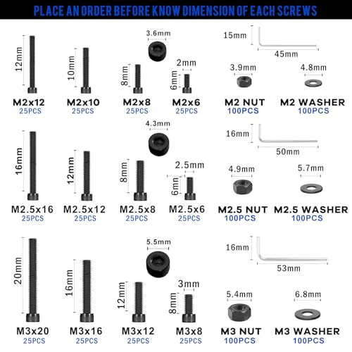 900 Pcs Hex Socket Head Cap Screws Assortment Kit, Small M2 M2.5 M3 Bolts and Nuts Washers Set, Internal Hex Drive Allen Head Machine Screws, Grade 12.9 Alloy Steel Black, Come with Hex Wrench