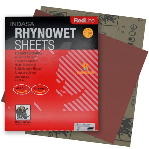 INDASA Rhynowet Red Line Wet Dry Sanding Sheets 9 x 11 Inch 400 Grit Waterproof Latex Backing Abrasive Paper for Wood Metal Automotive Surface Prep Pack of 50 - size: 400-Grit 9"x11"