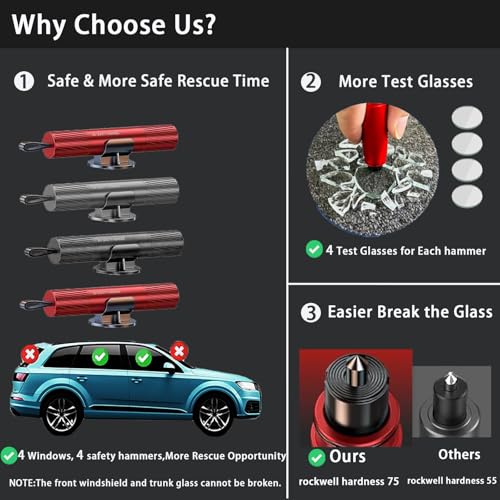 4 Pack 2026 Upgraded Safety Hammer,Safe Hammer Glass Breaker Under Water, Window Breaker and Seatbelt Cutter,Emergency Escape Tool,Seat Belt Cutter and Glass Breaker for Cars - color: Red+Red+Black+Sliver