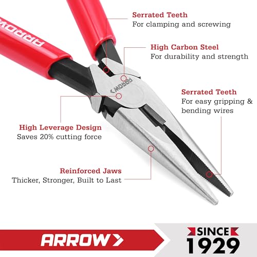 ARROW 6" High Leverage Needle Nose Pliers with Side Cutters, Long Nose Pliers for Gripping, Wire Bending, Cutting (Pack of 2) - size: 6 INCH (Pack of 2)