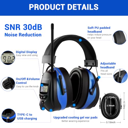 Bluetooth 6.0 AM FM Radio Headphone,Earmuff for Mowing,Construction - color: Blue