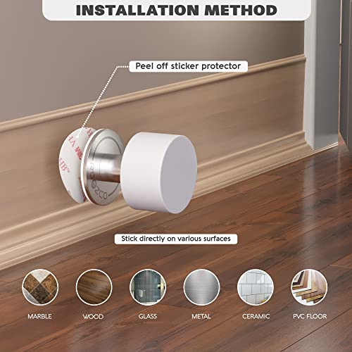 Door Stoppers 2-Pack with Extra Stickers - Two Self-Adhesive White Rubber Door Stops - Heavy Duty Stainless Steel Body with Sound Dampening Bumper Top - Ideal for Home and Office Use