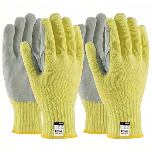 2 Pairs Heavy Duty Work Gloves Men Large, 7-Gauge Aramid Knit with Cowhide Leather Palm, Cut Resistant Gloves for Metal Fabrication, Masonry, Construction & Woodworking - size: 2pcs-Large, style: Aramid Leather
