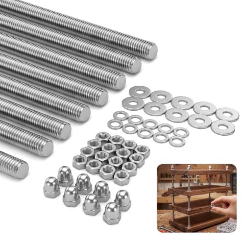 52 Pcs Stainless Steel M6 Screw Assortment Kit 8 Pcs 10"(255mm) Long M6 Fully Threaded Rod 16 Hex Lock Nuts 8 Acorn Cap Nuts and 20 Flat Washers