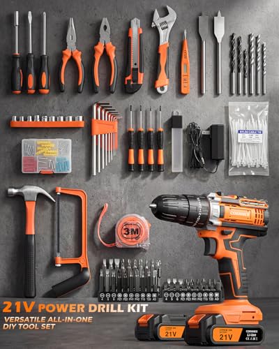 21V Cordless Drill Set with Toolbox & All-in-One Tool Kit