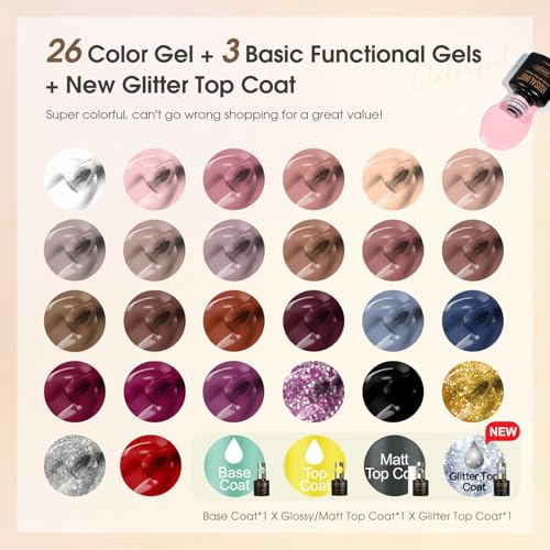 ROSALIND 30pcs Winter Brown Gel Polish Nail Set with Base Gel Top Coat | Glossy Matte and Glitter Top Coat,26 Fall Winter Colors Gel Nail Polish, Soak Off,Nail art for Women - color: Warm Color