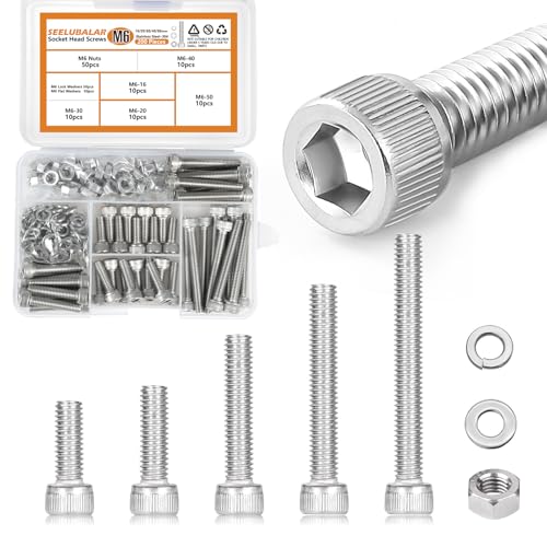 200 Pcs M6 Hex Socket Head Cap Screws Kit, M6-16/20/30/40/50mm Bolts | 304 Stainless Steel M6 Metric Screws Assortment Kit, Bolts Nuts and Washers for Auto, Motorcycle 3D Printer And Machinery - size: M6 - 16/20/30/40/50mm