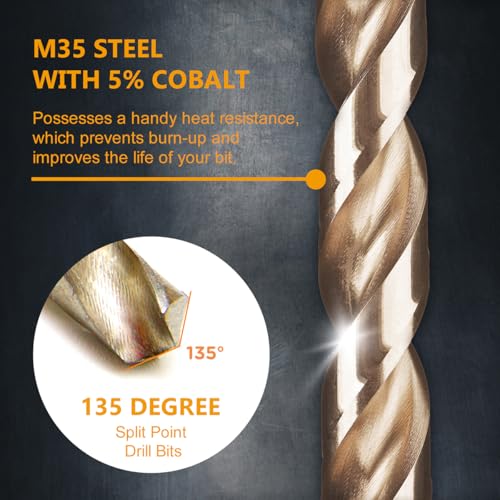 POWERTEC 7/16" Cobalt Drill Bits - 5 Pack - 5-35/64" Length - M35 HSS Jobber Length Twist Bits with 135° Tip for Drilling Wood, Metal, Stainless Steel, Nickel Alloy, Cast Iron & Plastic (QDB2020V) - style: 5PK 7/16" Cobalt Drill Bits (M35 135°)