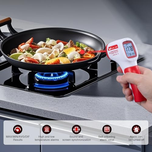 Infrared Thermometer for Meat,Laser Temperature Gun,-58~1112°F,DS 12:1 Digital IR Temp Gun with Adjustable Emissivity&High/Low Alarm,LCD Display Thermal Gun for Food Oven Cooking HVAC - color: Red