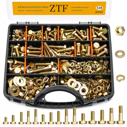 ZTF 528Pcs Grade 8 Bolts and Nuts Assortment Kit, SAE Hex Bolt Hardware Set - color: Gold