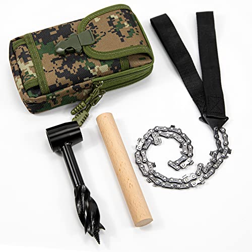 Survival Settlers Tool Set Bushcraft Hand Auger Wrench with Pocket Chainsaw, Bushcraft Gear and Equipment Scotch Eye Wood Drill Peg and Manual Hole Maker Multitool for Camping, Bushcrafting