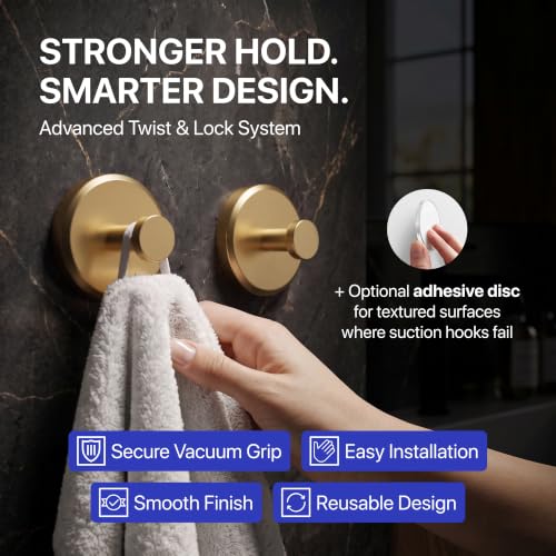 HOME SO Suction Cup Hooks for Shower & Bathroom Towel Holder 2-Pack Gold - color: Brushed Gold, size: 2 Pack