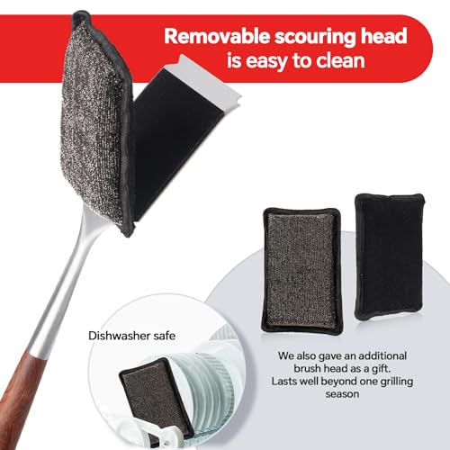 Bristle-Free Steam Cleaning Grill Brush Kit – Luxurious Long Rosewood Handle, Includes 1 Replacement Head – Safe BBQ Grill Cleaning for Outdoor Grill – Great Gift for Men/Dad - color: Steel Fibers Steam Brush