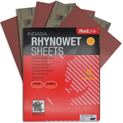 INDASA Rhynowet Red Line Wet Dry Sanding Sheets 9 x 11 Inch 150 Grit Waterproof Latex Backing Abrasive Paper for Wood Metal Automotive Surface Prep Pack of 50 - size: 150-Grit 9"x11"
