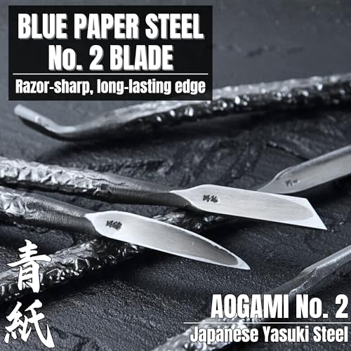 KAKURI Japanese Wood Carving Tools Set, 10-Piece Professional Wood Carving Knife Kit - Hand Forged AOGAMI Blue Paper Steel #2 Blades - Made in Japan