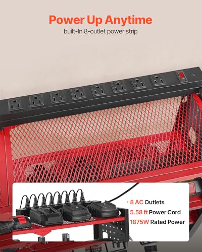 VEVOR Power Tool Organizer with Charging Station, 4-Layer Drill Storage Rack with 8 Drill Holders & Side Pegboard, Garage Tool Organizer Built in 8 Outlet Power Strips for Garage, Workbench, Workshop - size: 4-Layer 8 Drill