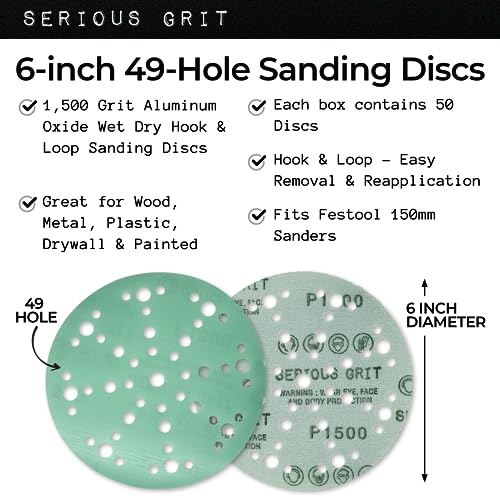Serious Grit - 6-Inch 49-Hole P1500 Grit Sanding Discs - 50 Pack Box - size: 1500 Grit