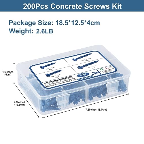 SATANTECH Concrete Screws with Drill Bit, 200Pcs Concrete Screw 1/4 3/16 Assortment Kit, Flat & Hex Head Masonry Block Brick Cement Screws and Anchors, No Pre Drilling, Diamond Point