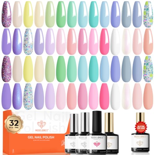 modelones Gel Nail Polish Set Glitter Pastel Spring 32PCS 28Colors - color: A0-Maracon Bloom