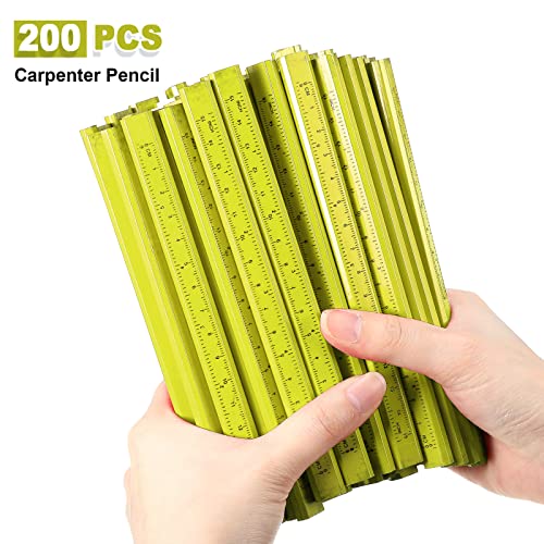 Honoson 200 Pcs Flat Construction Pencils with Printed Ruler Wood Graphite 2 Pcs Carpenter Pencil Sharpener for Woodworking Marking Tool(Yellow) - color: Yellow