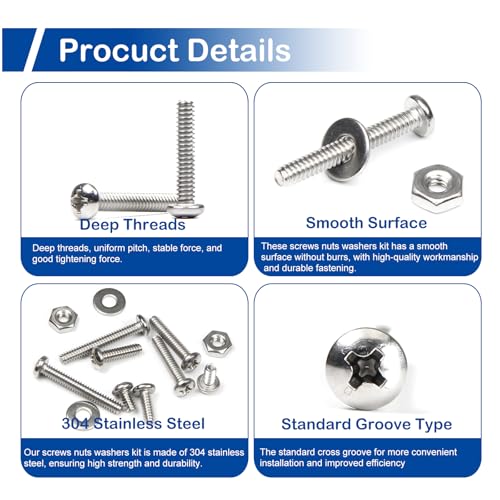#6-32 x 3/16" to 1" Phillips Pan Head Machine Screws Kit with Nuts Washers - size: #6-32