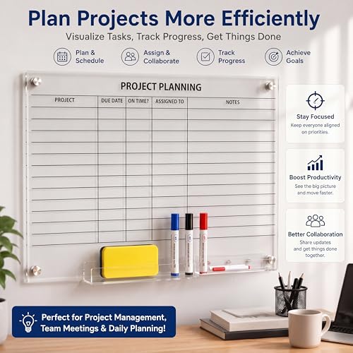 Lincia Acrylic Project Planning Board, 24 x 18 Inch Clear Wall Schedule Dry Erase Board with 8 Markers and Eraser, Whiteboard Planner with Lines for Home Office Project and Family Organization