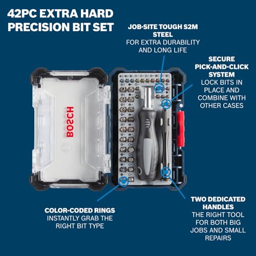 BOSCH PB4042 42-Piece Extra Hard Precision Screwdriver Bit Set for Standard & Electronics Repair | Includes Phillips, Torx, Hex, and Specialty Bits with Two Magnetic Handles & Pick-and-Click Case