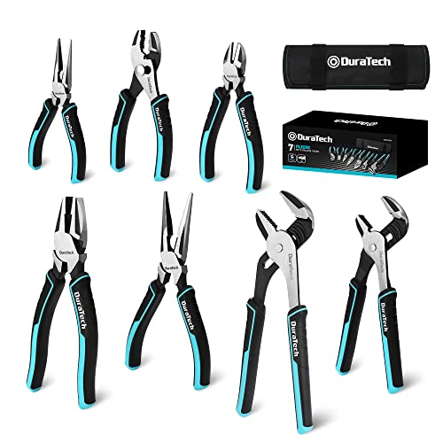 DURATECH 7-Piece Pliers Set with Rolling Pouch,Cr-Ni Construction | 10" & 8" Groove Joint, 8" & 6" Long Nose, 8" Linesman, 6" Slip Joint & Diagonal Pliers
