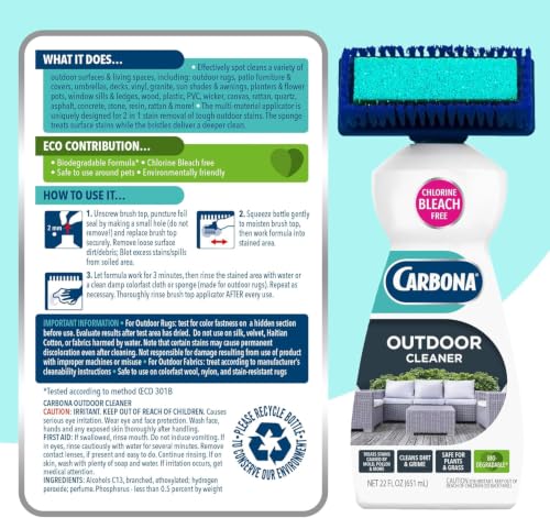 Carbona Oxy Powered Outdoor Cleaner with Built-In Brush (22 Fl Oz), Spot Cleaner for Outdoor Furniture, Rugs & Decks, 2-in-1 Sponge & Bristle Brush (Pack of 3) - size: 22 Fl Oz (Pack of 3)