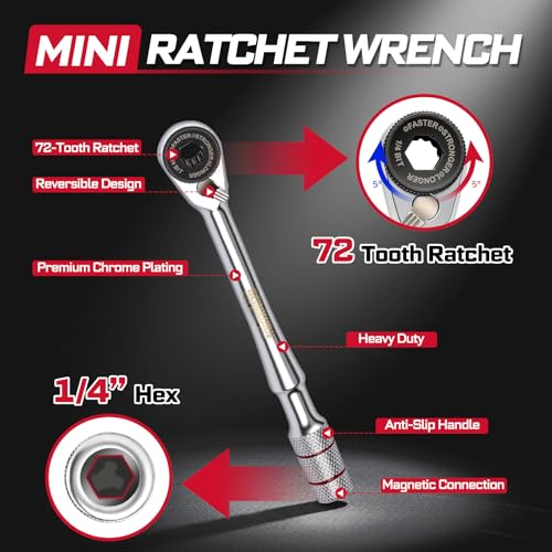 Geinxurn 60Pcs Mini T-Handle Ratchet Wrench Set, 72-Tooth Reversible Ratchet with Extension Bar,1/4" Socket Adapter, and 1”Impact (Phillips/Torx/Hex) Screwdriver Bit Stored in Coded Base for Repair - size: 60pcs-Storage