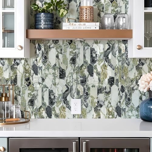 Vamos Tile Glossy Ice Green Backsplash Tile Peel and Stick, 12.8 x 12.8 Inch 10 Sheets Long Hexagon PVC Self Adhesive Mosaic Wall Tiles Stick on Backsplash for Kitchen Bathroom and Fireplace - color: Glossy Ice Green