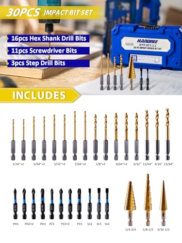 Handree 30pcs Impact Bit Set, Screwdriver Bit Set 11pcs, Hex Shank Drill Bit Set 16pcs, Step Drill Bit 3pcs, High Speed Steel Materialand Titanium Coating, S2 Alloy Steel Bits with Index Box - size: Assorted Bits (30 pcs)