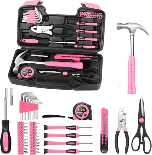 HANGYING 39-Piece Household Tool Set, Pink Tool Kit for Women with Toolbox - color: Pink
