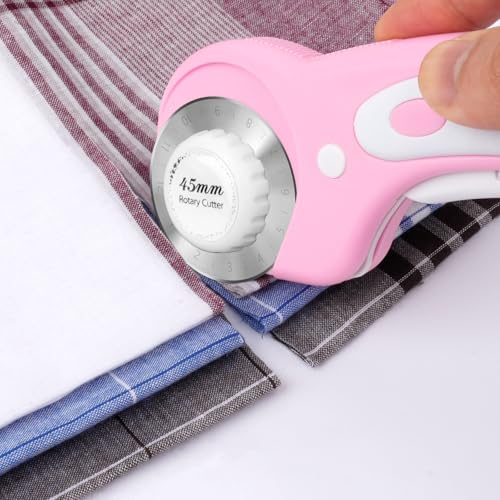 45mm Rotary Cutter for Fabric with 5 Extra Blades, Roller, with Safety Lock - color: Pink