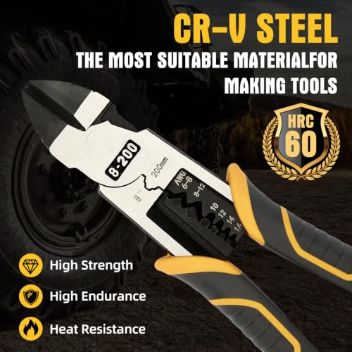 Multi-Function Diagonal Pliers, 8-inch 4-in-1 Cr-V Steel Heavy Duty Side-Cutting Pliers with Cutting, Stripping, Crimping, and Gripping for Electricians and Homes