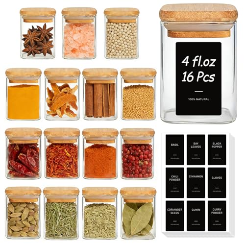 ComSaf Spice Jars 4oz 16 Pack, Seasoning Containers with labels 54 Labels | Small Glass Jars, Bamboo Lid with Silicone Seal, Kitchen Spice Drawer Organizer, Loose Tea,Herbs,Powders,Salt,Chili, BPA Free - size: 4oz*16