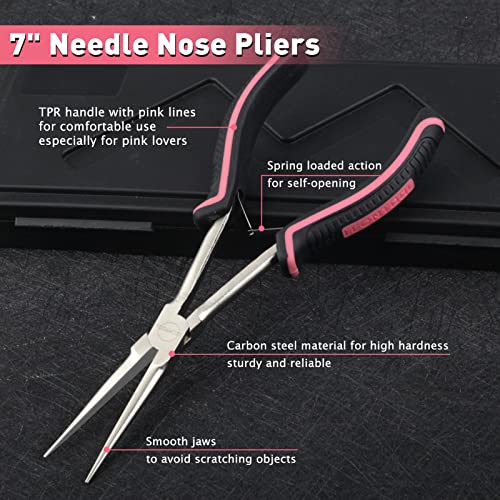 Small Long Reach Needle Nose Pliers for Jewelry Making 7 Inches Slim Extra Long Needle Nose Pliers with Smooth Jaws Long Reach Long Nose Pliers for Small Object Gripping, Pink Tool for Women - style: Needle Nose Plier with Smooth Jaw