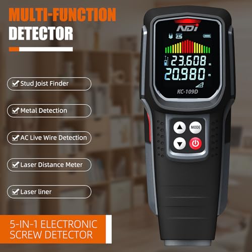 NDI Stud Finder Wall Scanner Leaser distancce Meter 5 in 1 Electronic Stud Detector HD LCD Display & Audible Alarm, for the Center and Edge of Wood AC Wire Metal Studs Joist Pipe