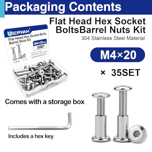 35 Sets M4 x 20mm Barrel Nuts and Bolts, Hex Socket Binding Screws - size: 35 Sets M4 x 20 mm