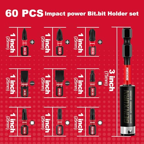 GEINXURN Screwdriver Bit Set with PH1/PH2/PH3/SQ1/SQ2/T20/T25/SL8/SL10 and 1Pcs Impact Bit Holder, 60Pieces Impact Rate Insert Driver Bit Set - size: MIXED-60PC