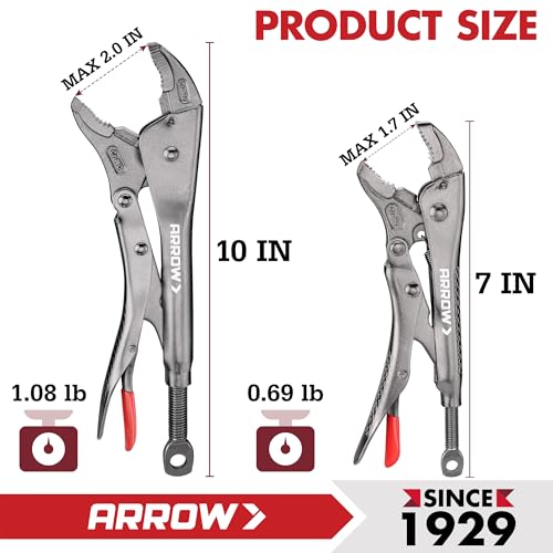 ARROW 2PCS Curved Jaw Locking Pliers Set 7" & 10" | CR-MO Steel Pliers, Adjustable Screw, One-Hand Release, Anti-Slip Handle - size: 7&10inch