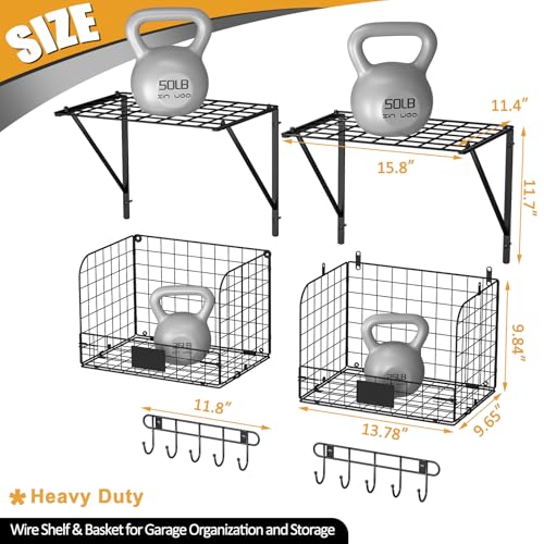 ThreeHio 2 Pack Garage Shelves Wall Mounted with Wire Baskets, Heavy Duty Garage Wall Shelving with Hooks, Wire Shelf Baskets Tool Organizer for Home Garden Garage Organization and Storage