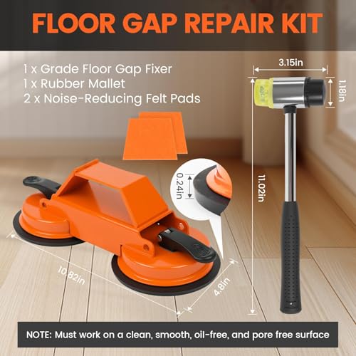Floor Gap Fixer Tool Kit with Heavy Duty Rubber Mallet, Floor Dual Suction Cup Tool Upgrade 45° Striking Surface for Laminate, Hardwood, and Vinyl Floor (Orange)