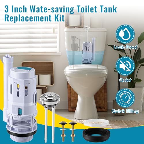 Saillong 3 Inch Dual Flush Valve Replacement Kit with Top Push Button, Tank to Bowl Gasket and Bolts, Toilet Repair Kit Inside Tank for 2 Piece Toilet, Easy to Install (2 Pack)
