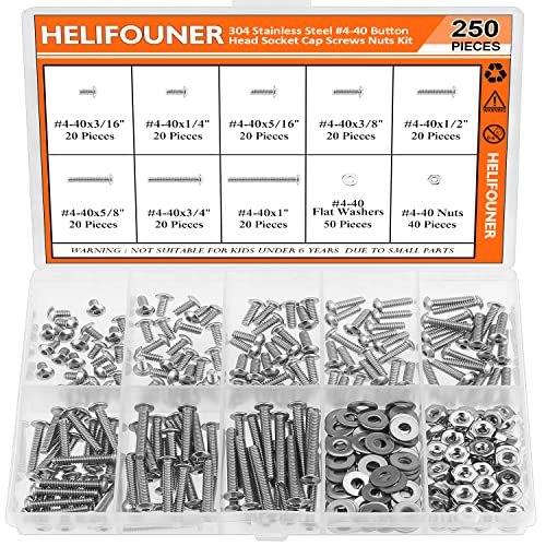 HELIFOUNER 250 Pieces #4-40 x 3/16" 1/4" 5/16" 3/8" 1/2" 5/8" 3/4" 1", Button Head Socket Cap Screws Bolts Washers Nuts Kit, Coarse Thread, Fully Machine Threaded, 304 Stainless Steel - size: #4-40, style: Button Head